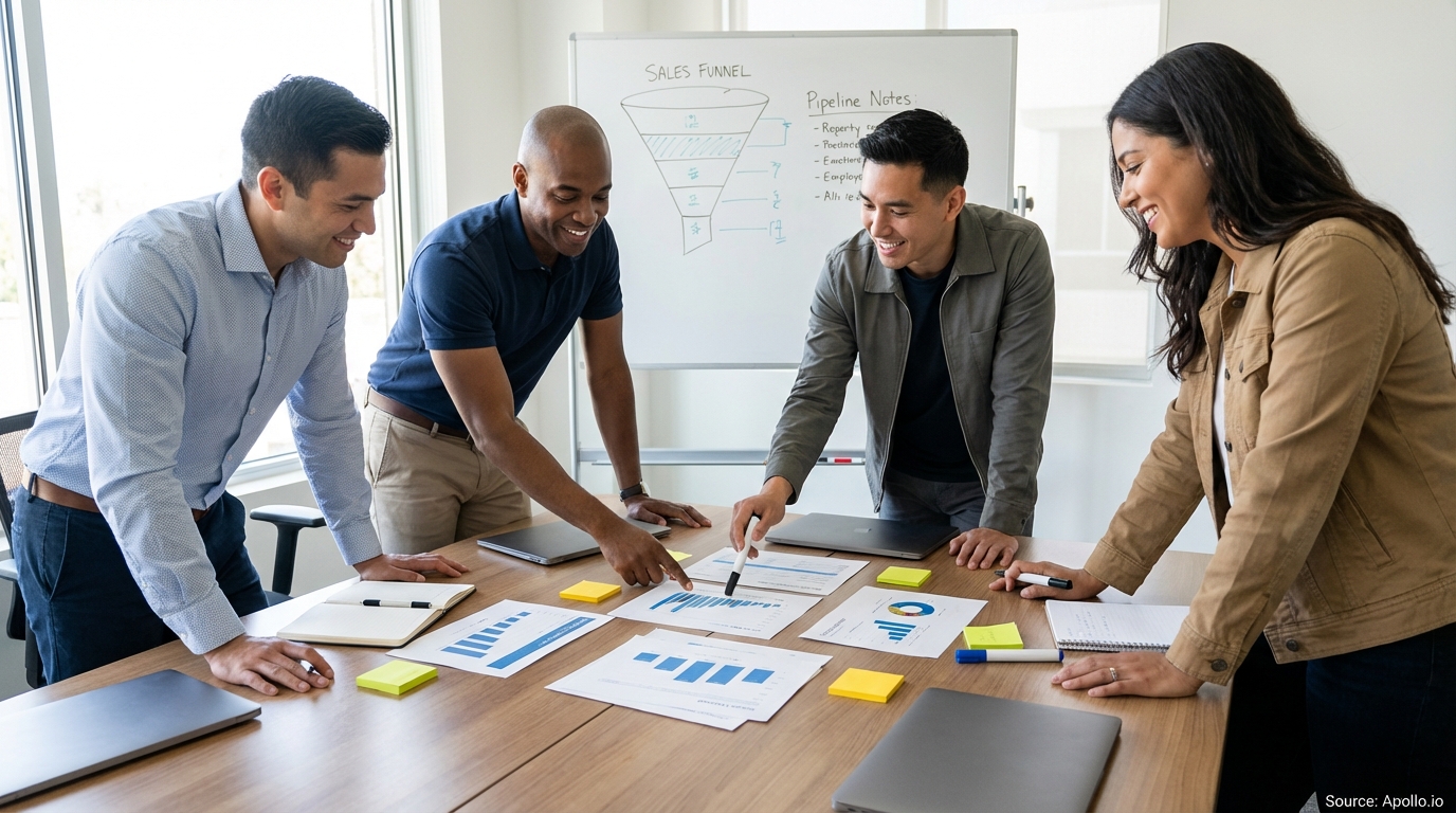 Sales professionals discussing strategy around a conference table optimizing CRM workflows