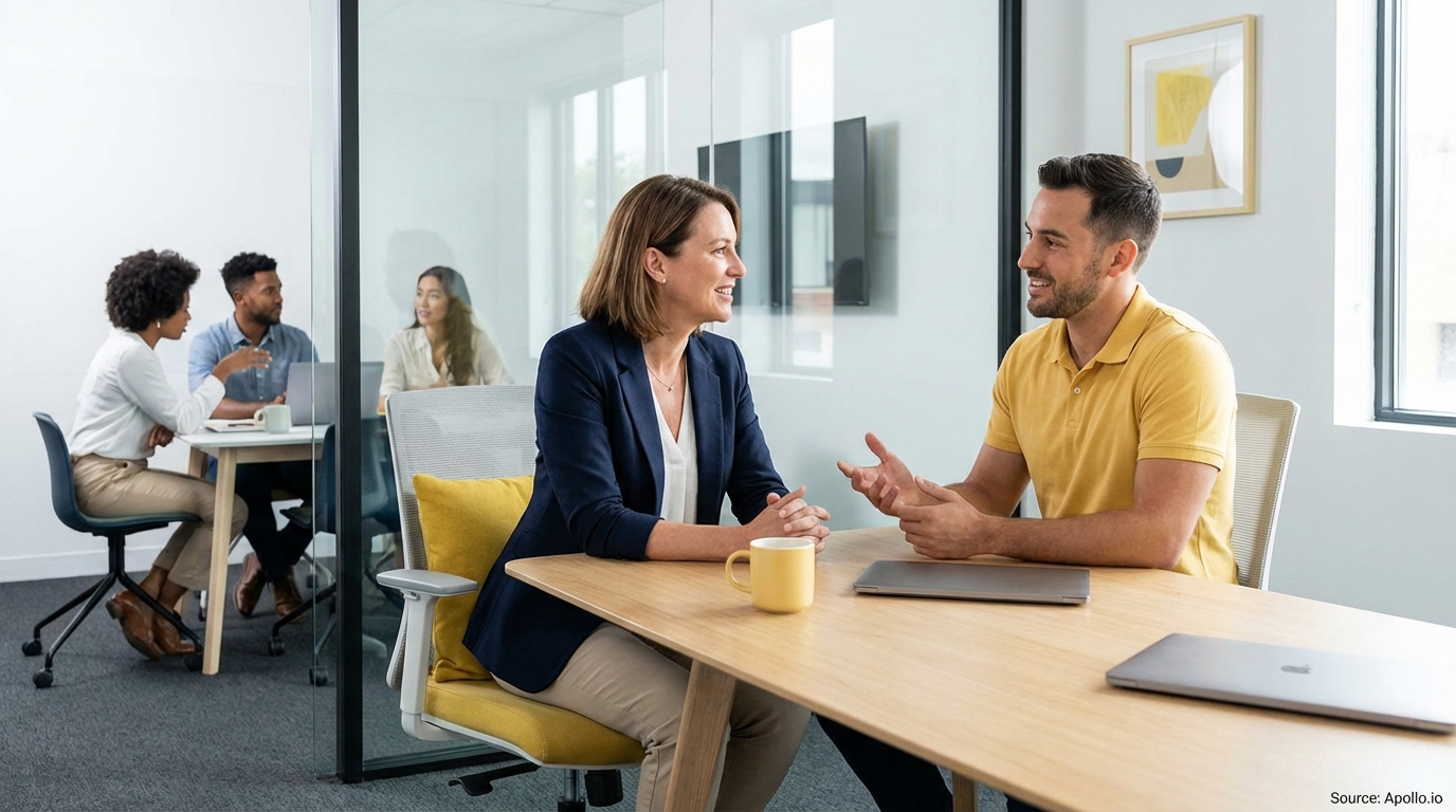 Two colleagues discuss at a table, while three others meet in a modern glass office.