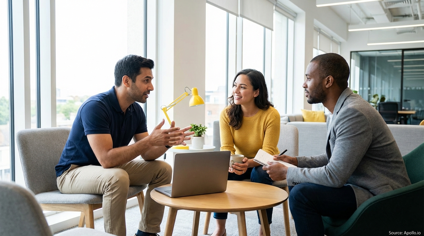 Three professionals discuss and take notes in a bright modern office lounge.