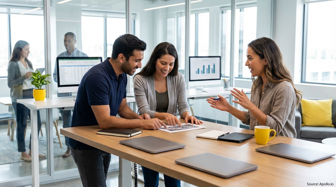 Sales team collaborating in a modern open-plan office optimizing CRM workflows