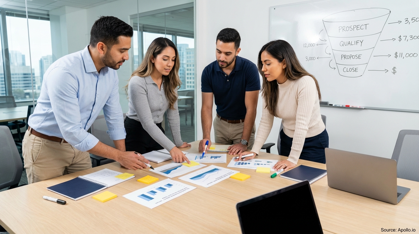 Sales professionals discussing strategy around a conference table optimizing CRM workflows