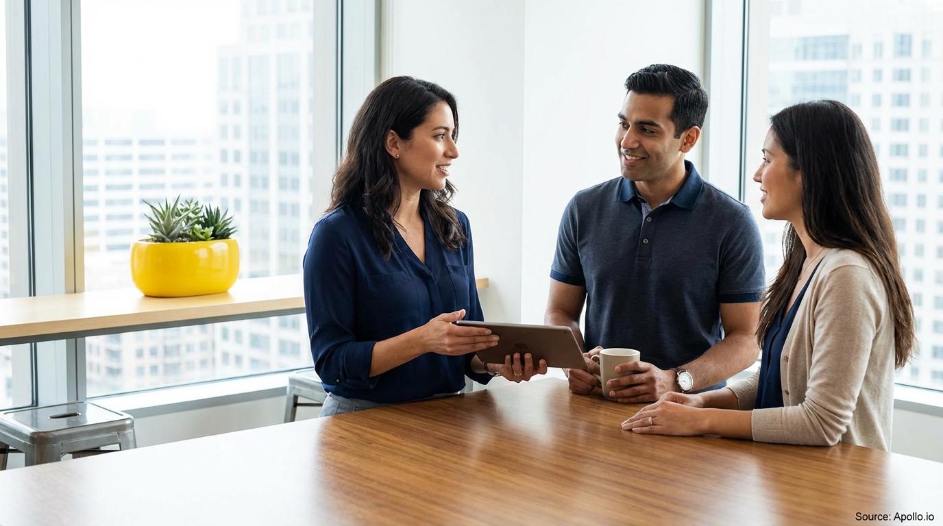 Three colleagues discuss content on a tablet in a bright office with large windows overlooking a city.
