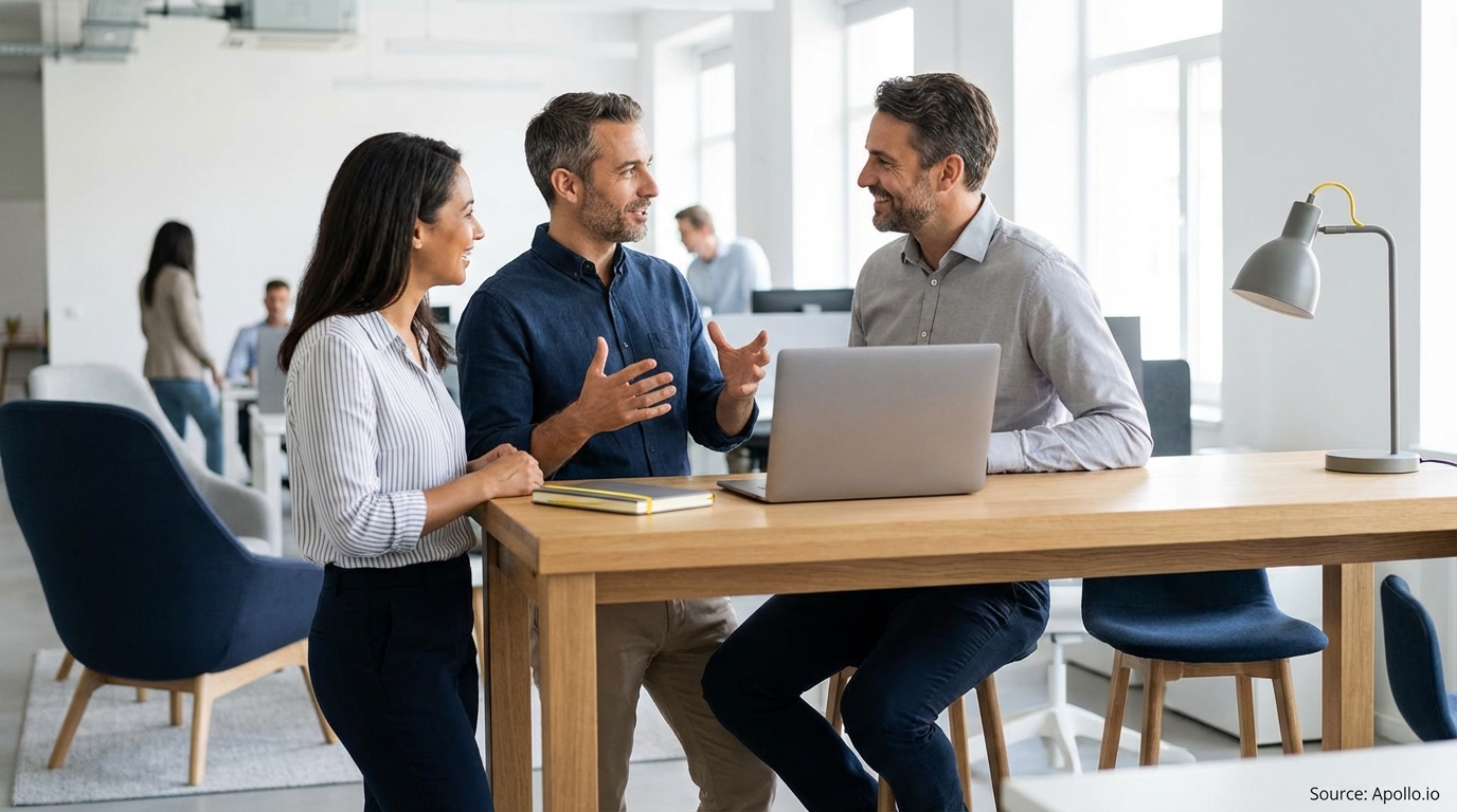 Three professionals discussing at a wooden table with a laptop in a modern office.