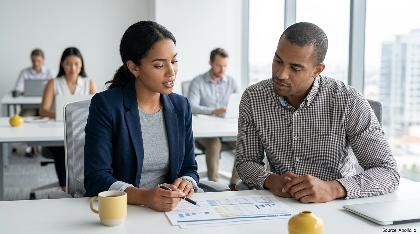 Two professionals discuss data charts at a modern office desk.