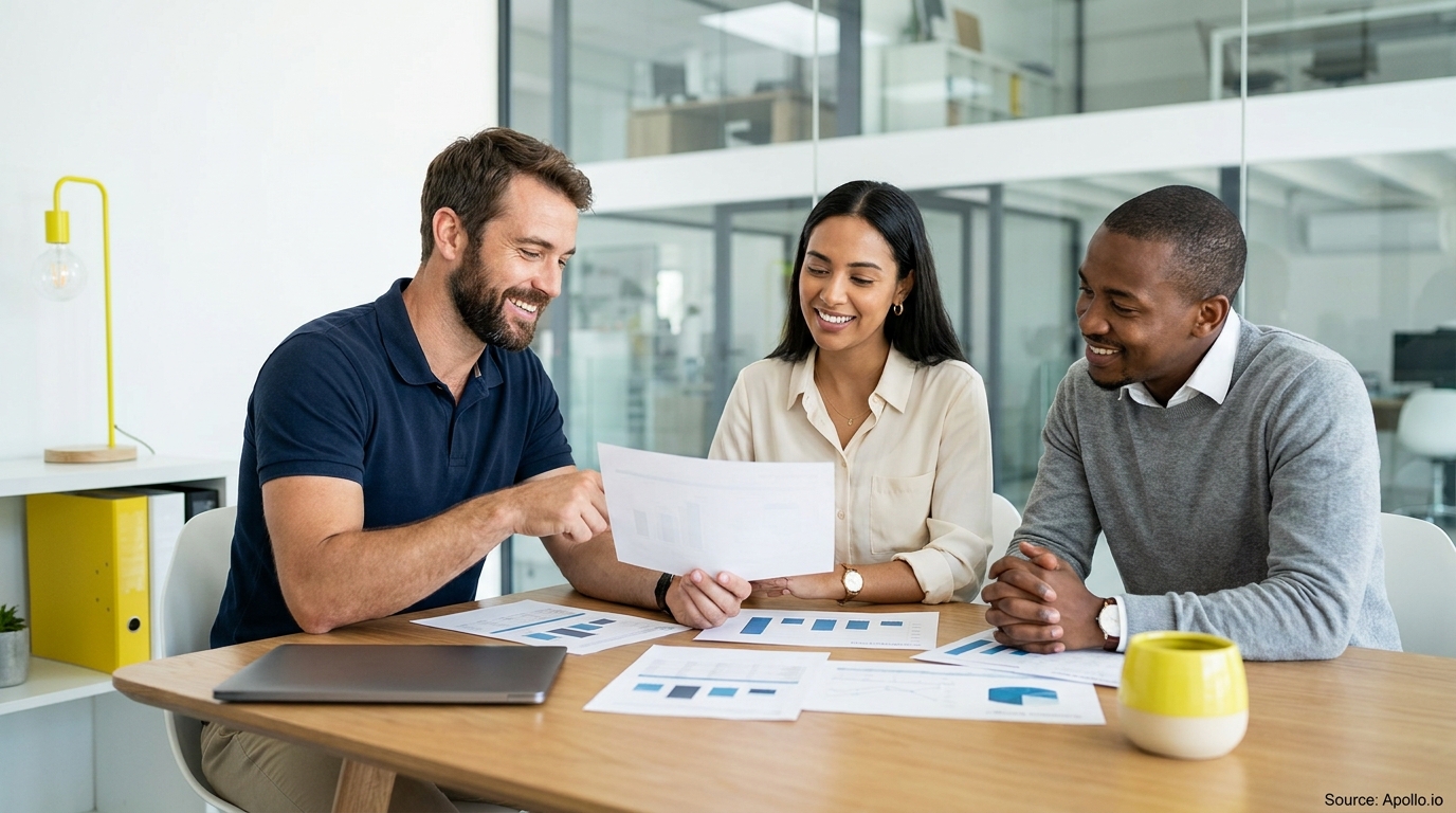 Three diverse colleagues smile while reviewing data charts at a modern office table.