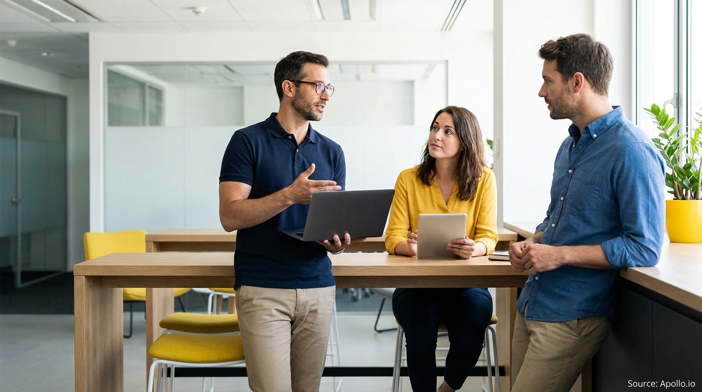 Three colleagues discuss work in a modern office, one holding a laptop, another a tablet.
