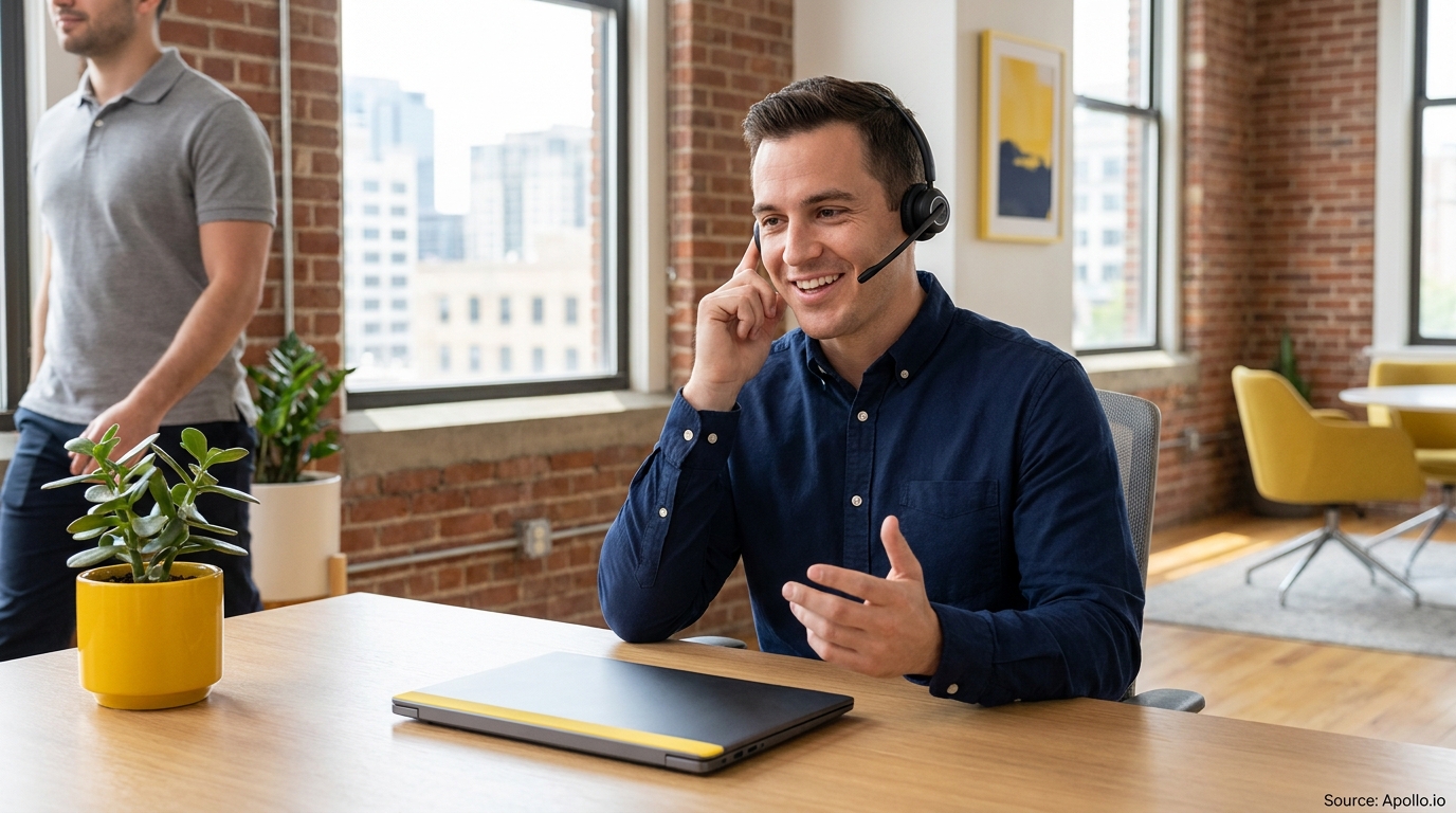 Man with a headset smiles, talks at desk; another man walks in a modern office.