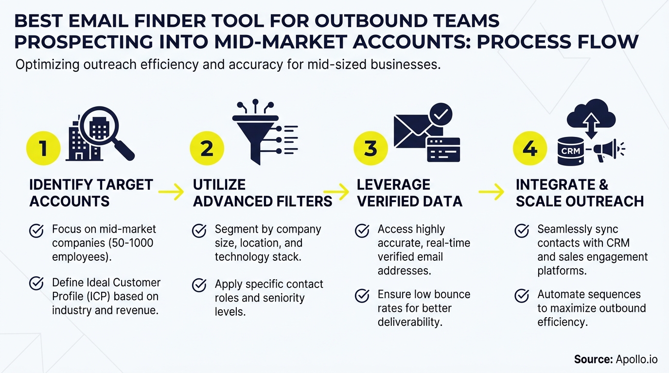 Numbered four-step process flow illustrating identifying, filtering, verifying, and integrating for outbound email outreach.
