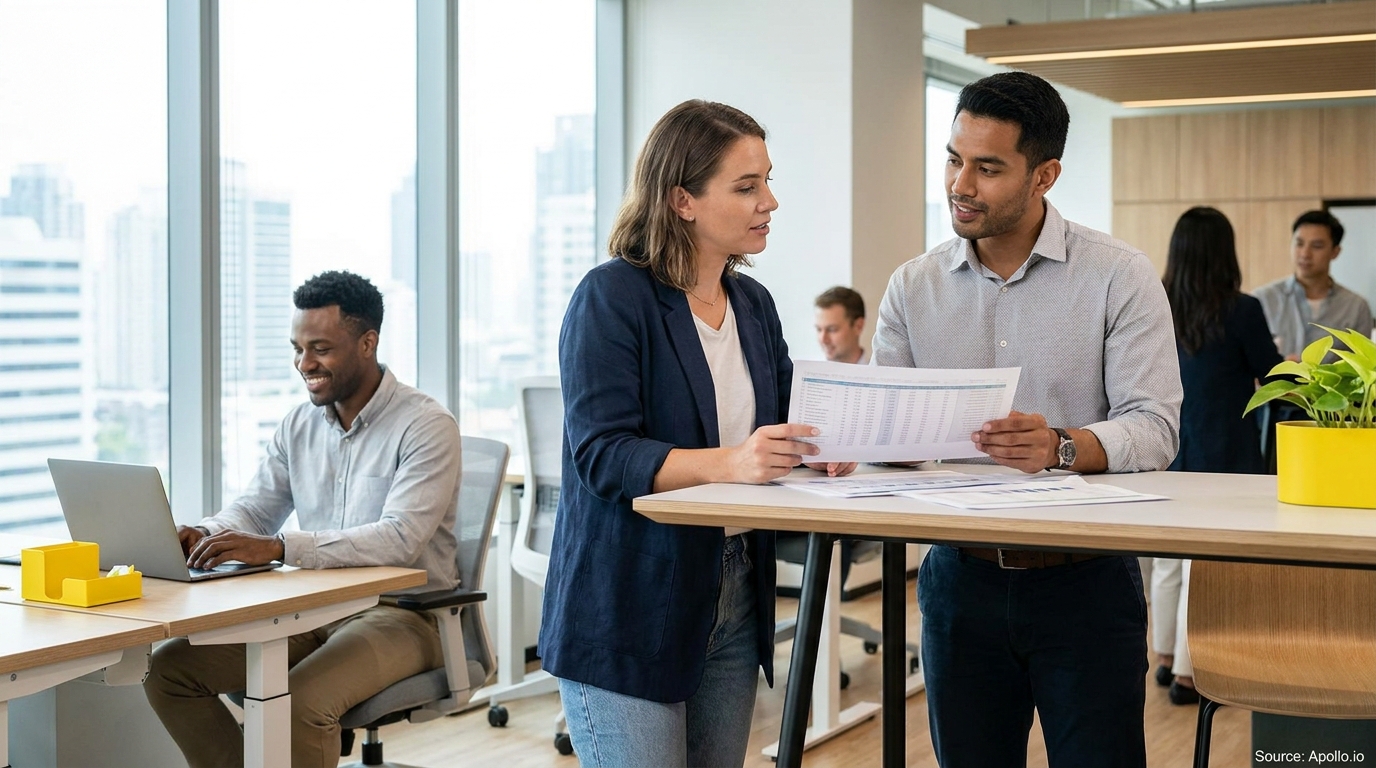 Professionals collaborate in a bright modern office, with two discussing documents at a standing desk and one working on a laptop.