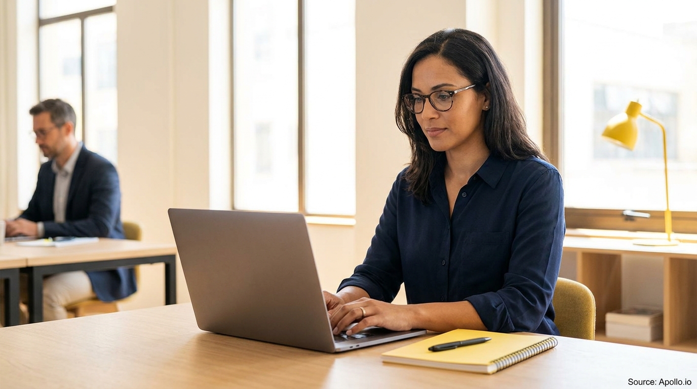 Two people work on laptops at separate desks in a well-lit, modern office.