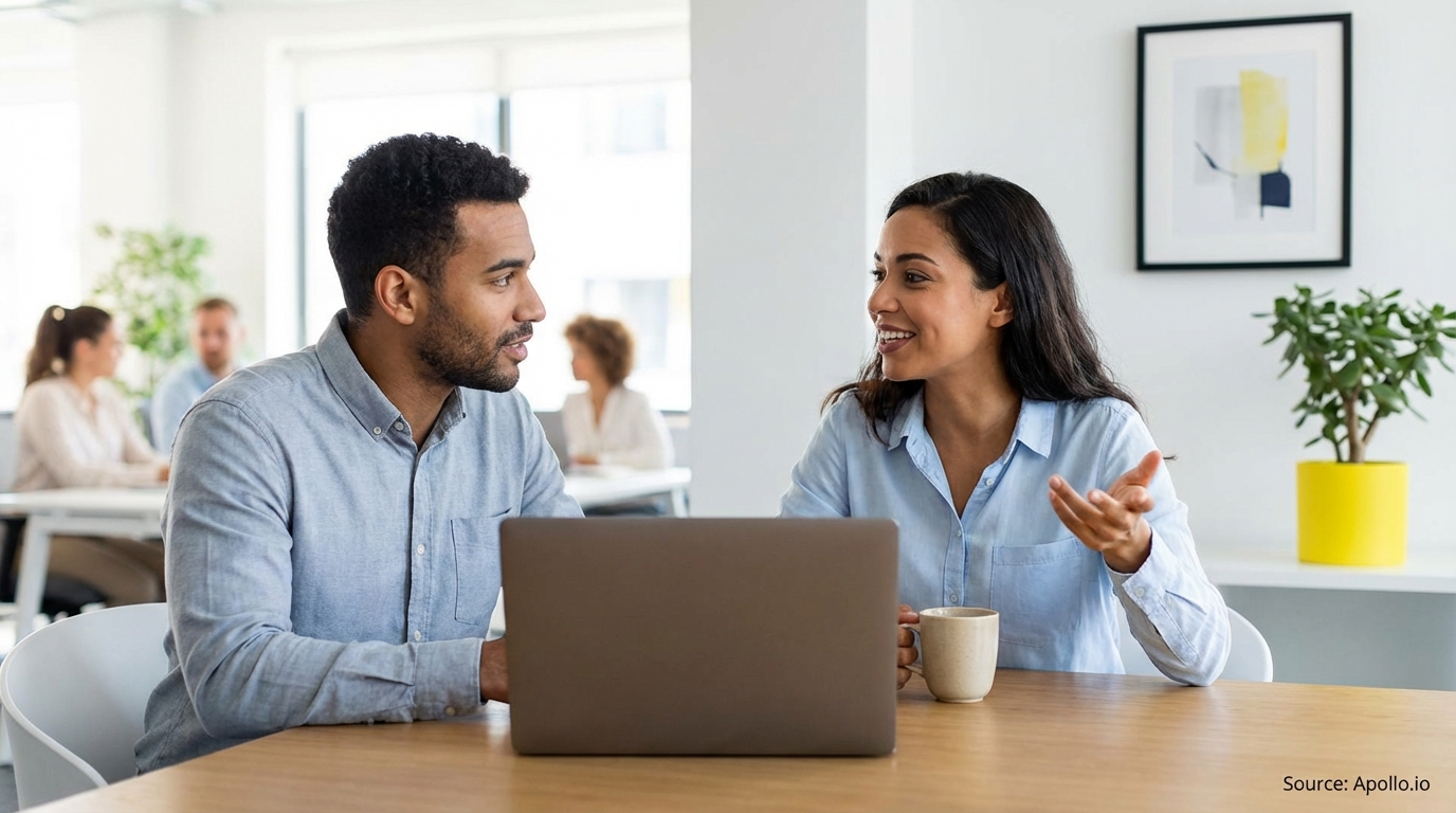 Two smiling colleagues discuss work at a modern office table with a laptop.