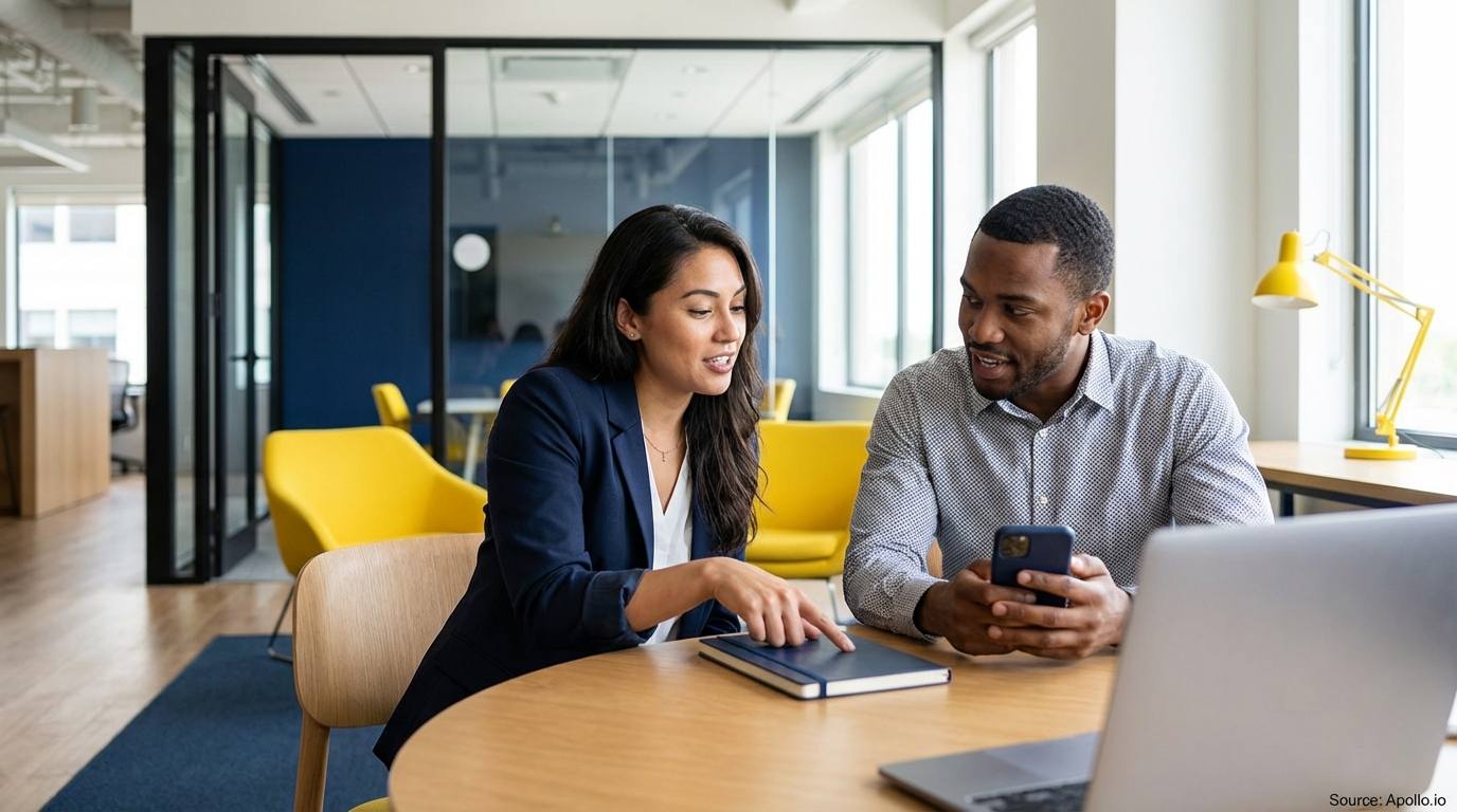 Two professionals collaborate at a modern office table, one pointing at a notebook.