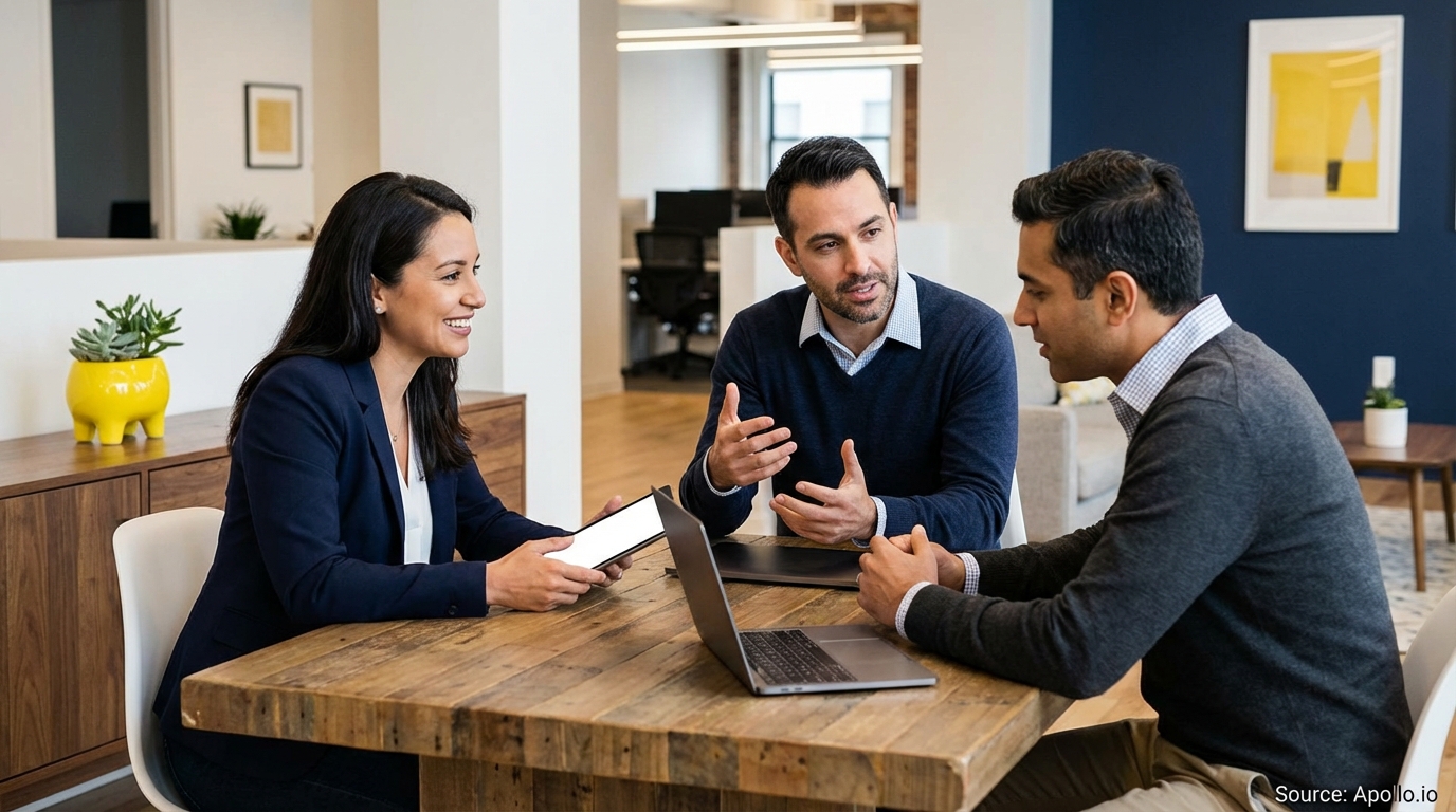 Three professionals discuss at a wooden table in a modern office with devices.