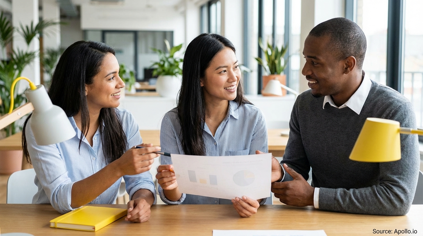 Three professionals discuss charts on a paper at a modern office table.