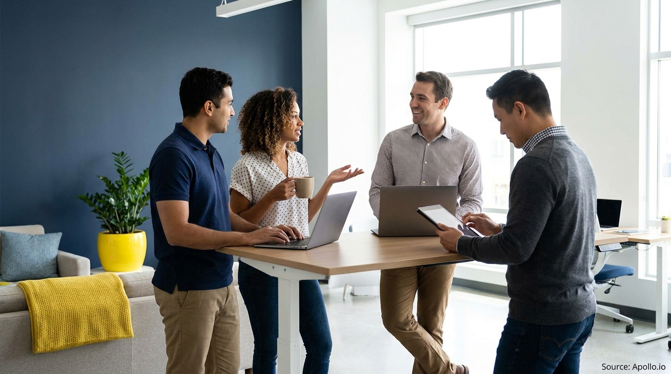 Four professionals discuss work at a modern office standing table with laptops and a tablet.