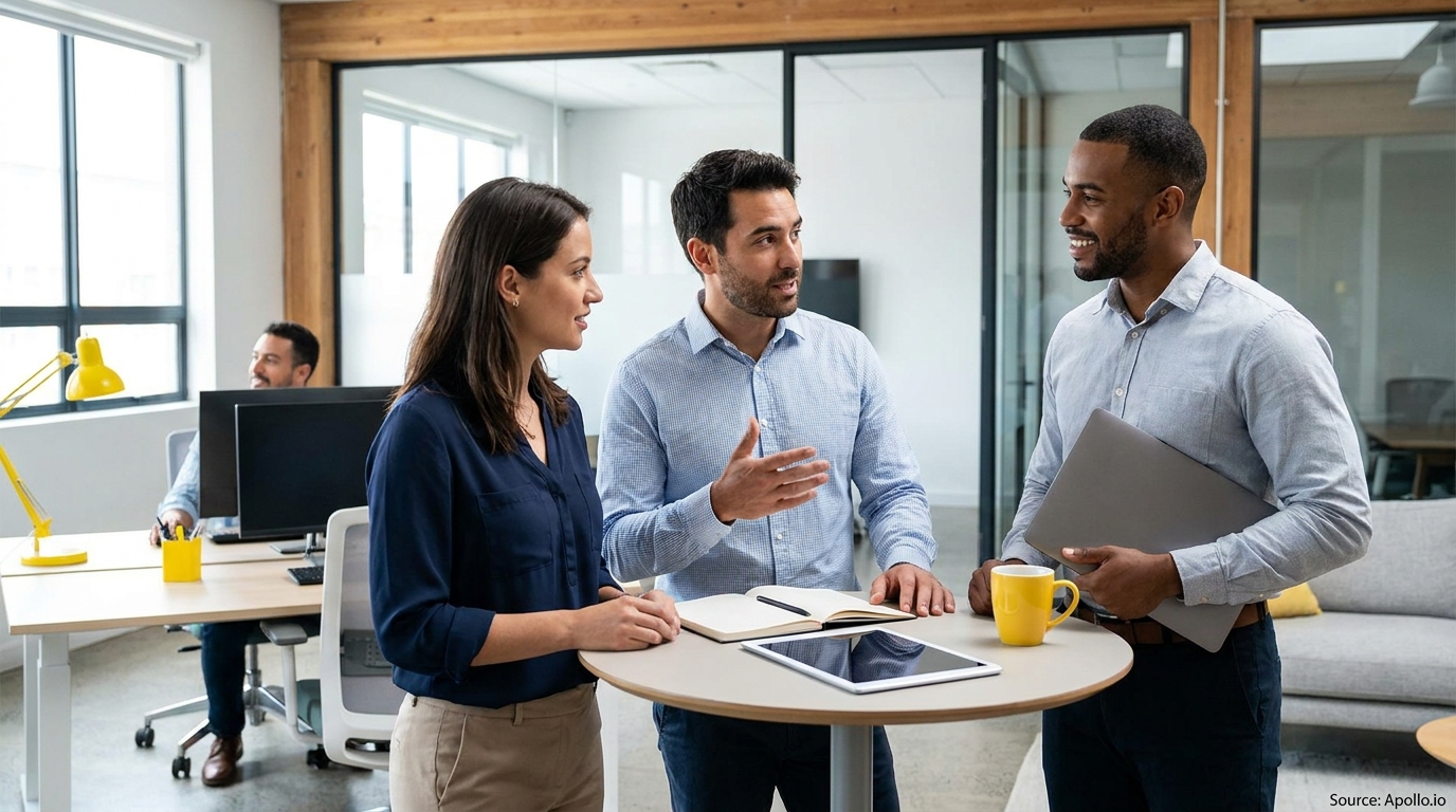 Three business colleagues discuss ideas at a modern office table with a tablet.