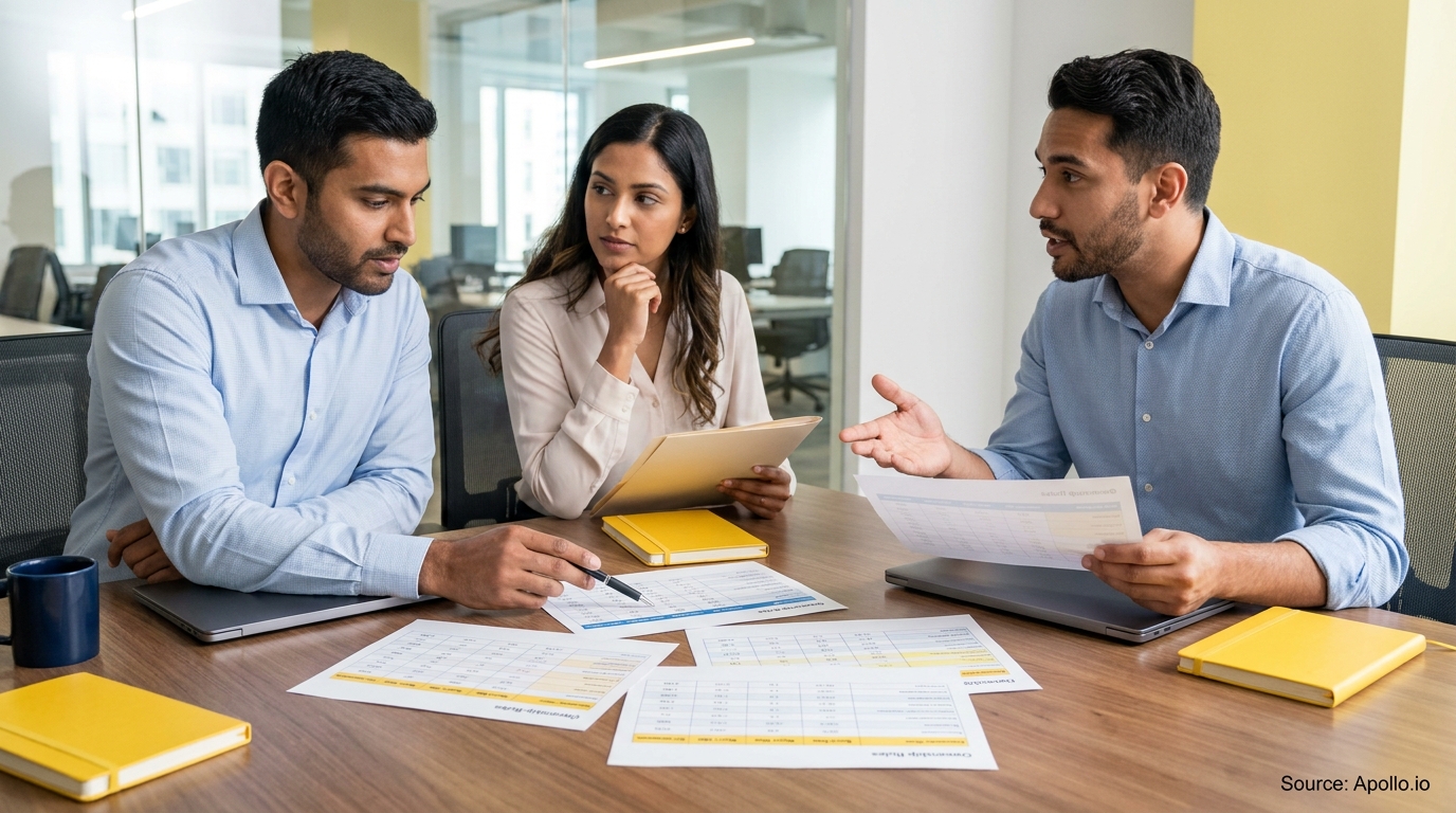 Three professionals discuss documents at a modern office table with laptops and yellow notebooks.