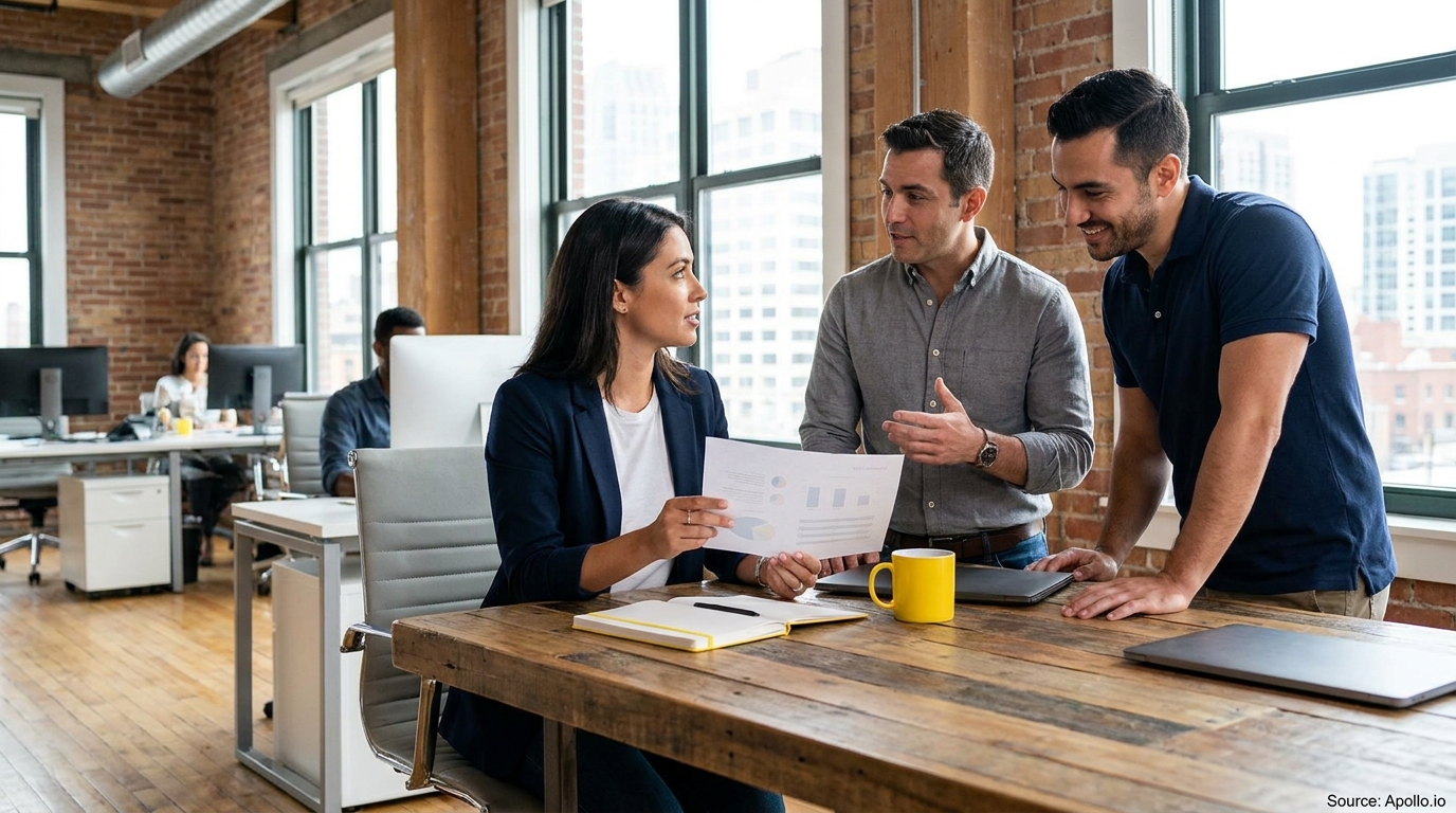 Three colleagues discuss charts and data at a wooden table in a modern office.