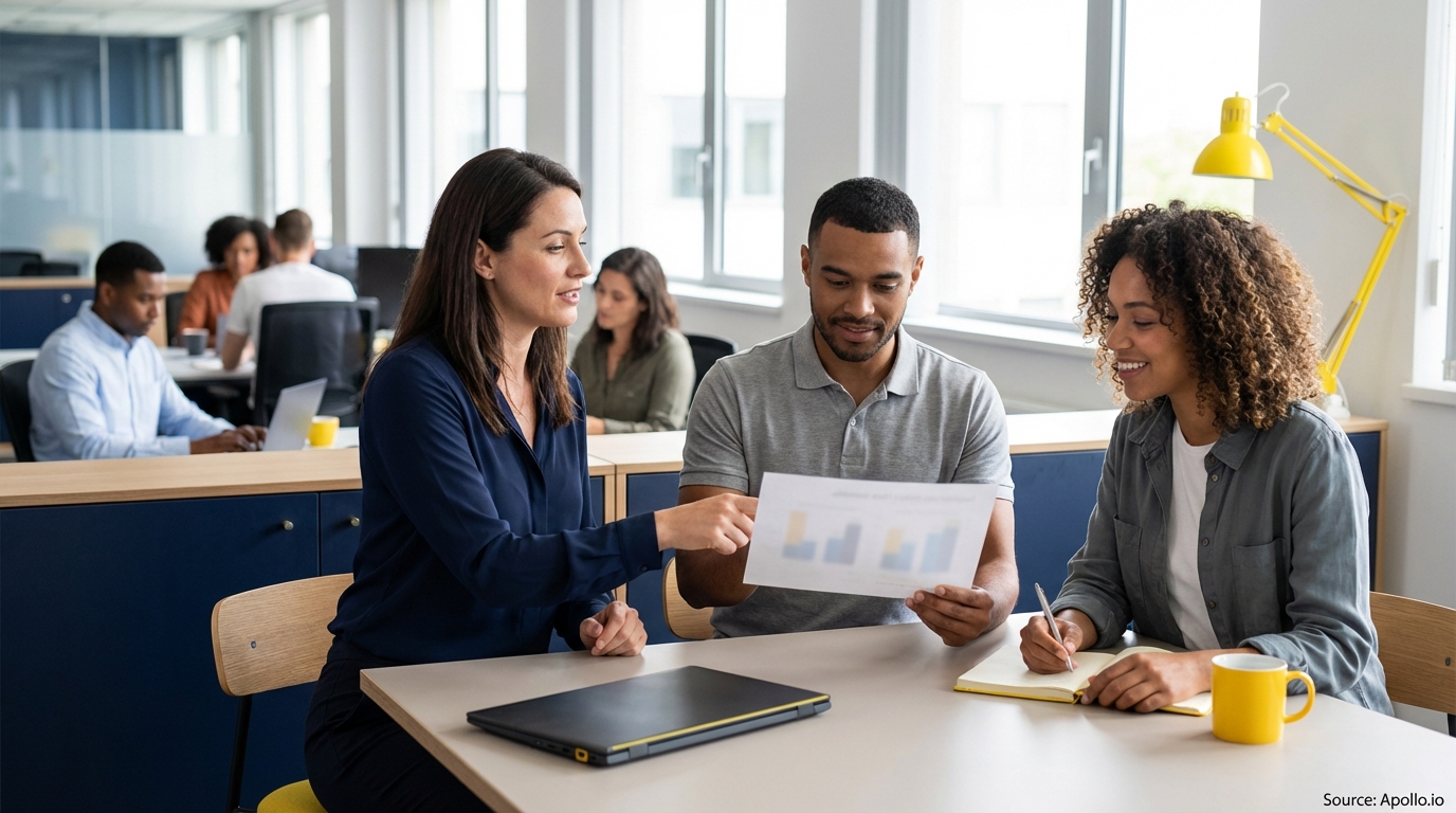Three people discuss a chart at a modern office desk while one takes notes.