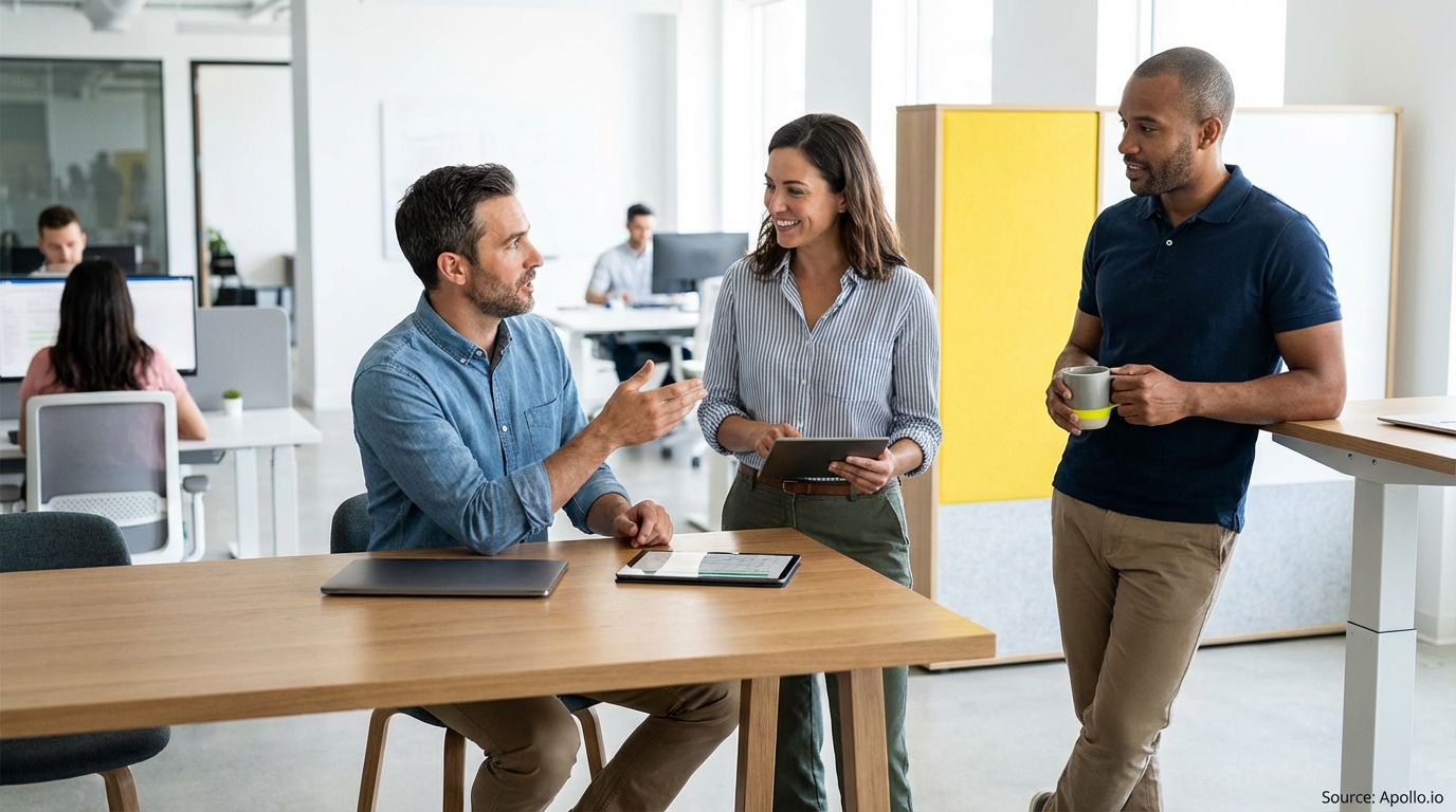 Three professionals discuss in a modern office, one holding a tablet and another a mug.