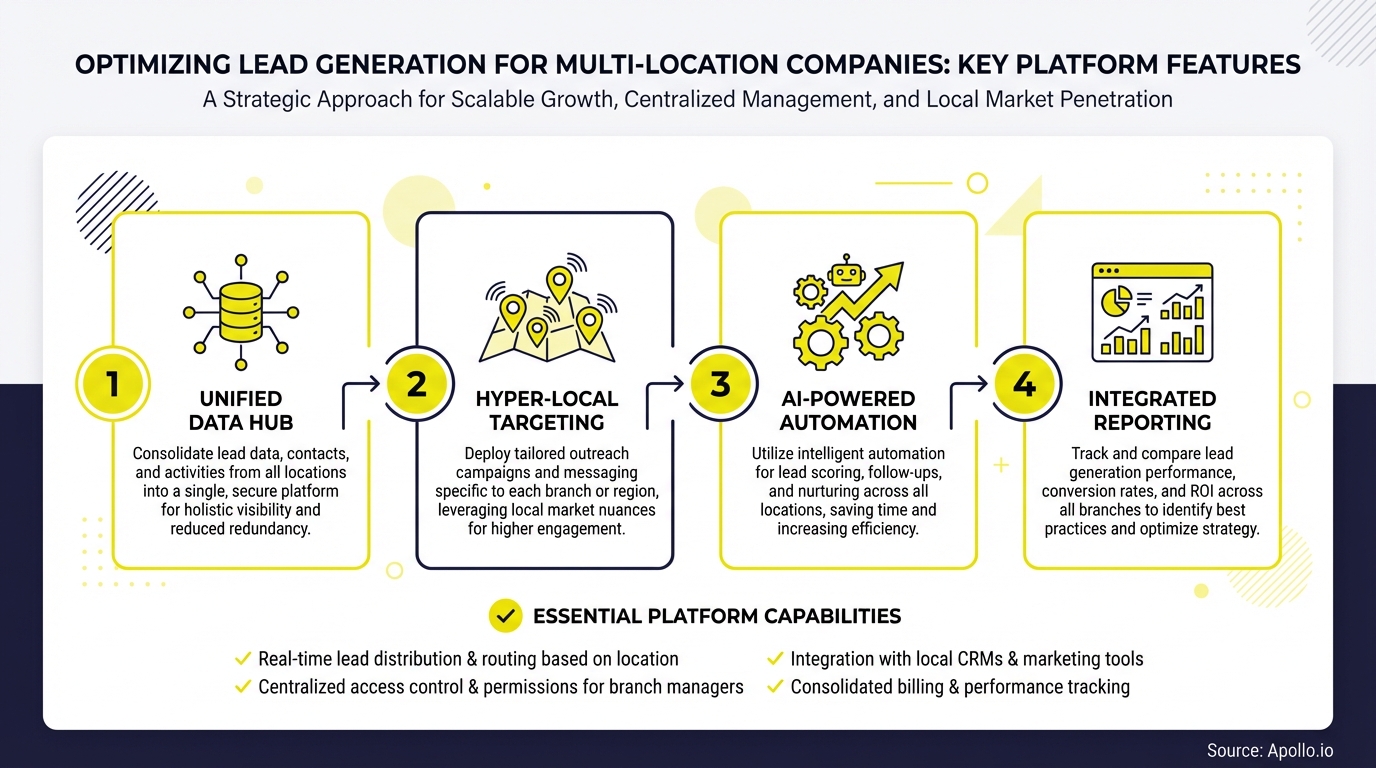 A diagram illustrates four key platform features for optimizing lead generation for multi-location companies.