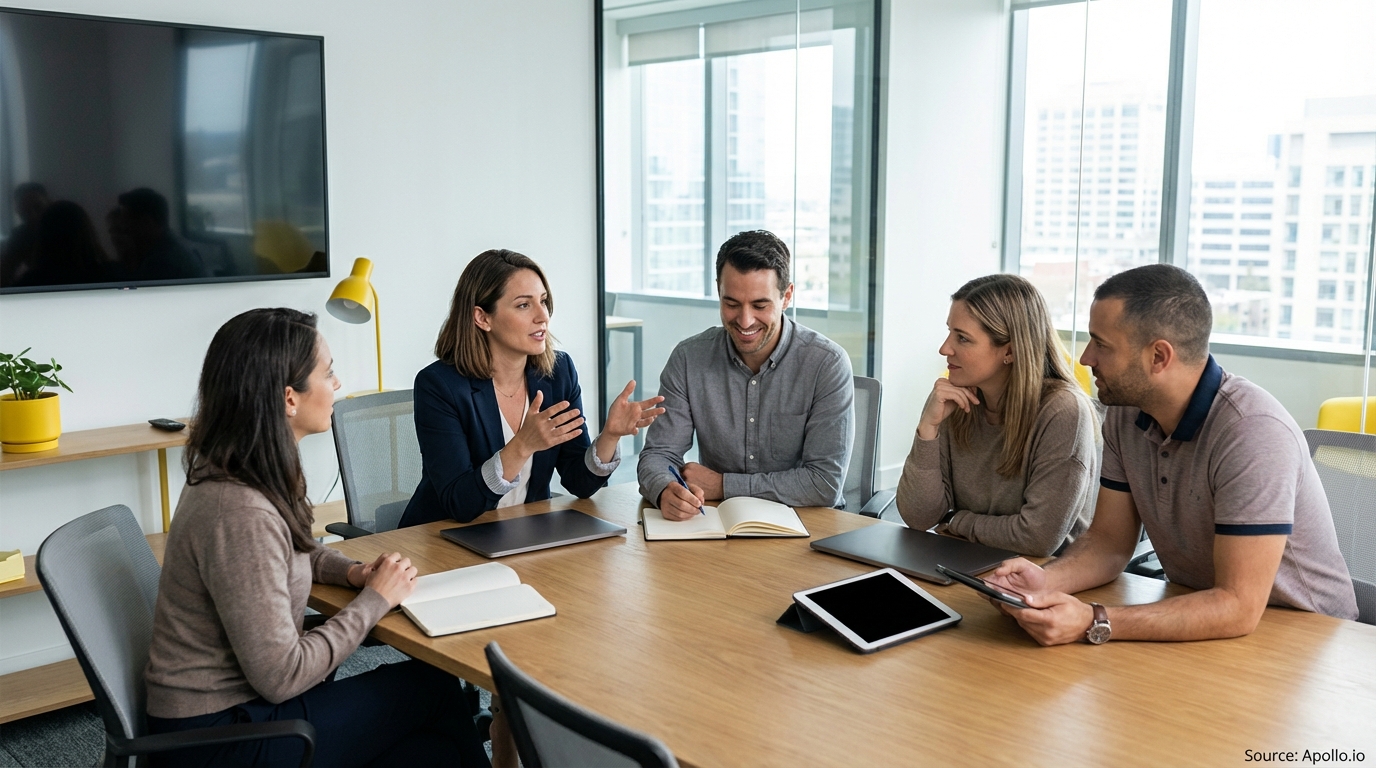 Five business professionals meet at a modern office table, discussing and taking notes.