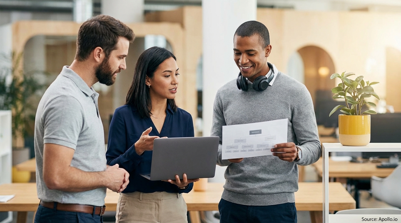 Three professionals discuss a laptop and document in a modern office.