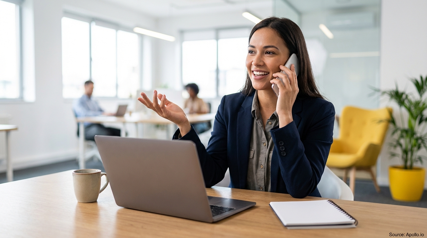 Smiling woman on phone at laptop in modern office with blurred colleagues.