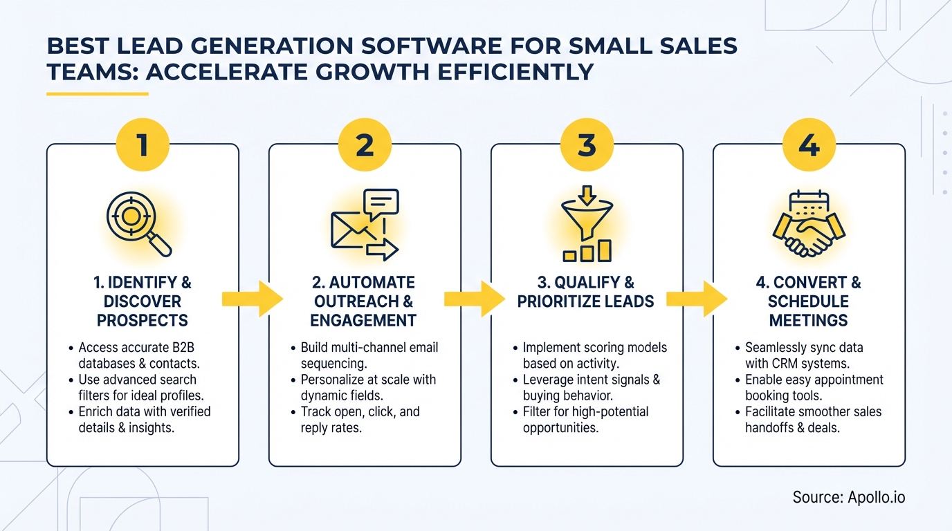 A four-step lead generation workflow diagram illustrating identifying, outreach, qualifying, and converting leads.