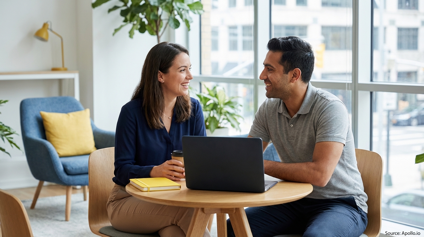 Two smiling professionals collaborate at a modern office table with a laptop and coffee.
