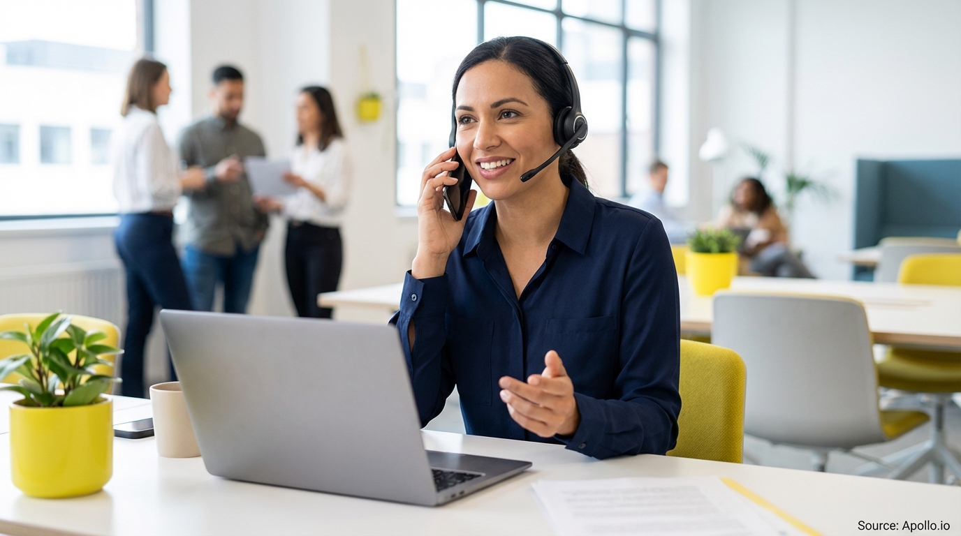 Smiling woman on headset and smartphone at a laptop in a modern office.
