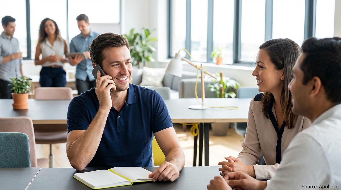 A man smiles on a business call in a modern office with colleagues.