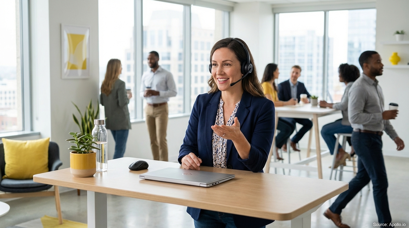 A woman wearing a headset talks at a standing desk, while colleagues work and socialize in a modern office.