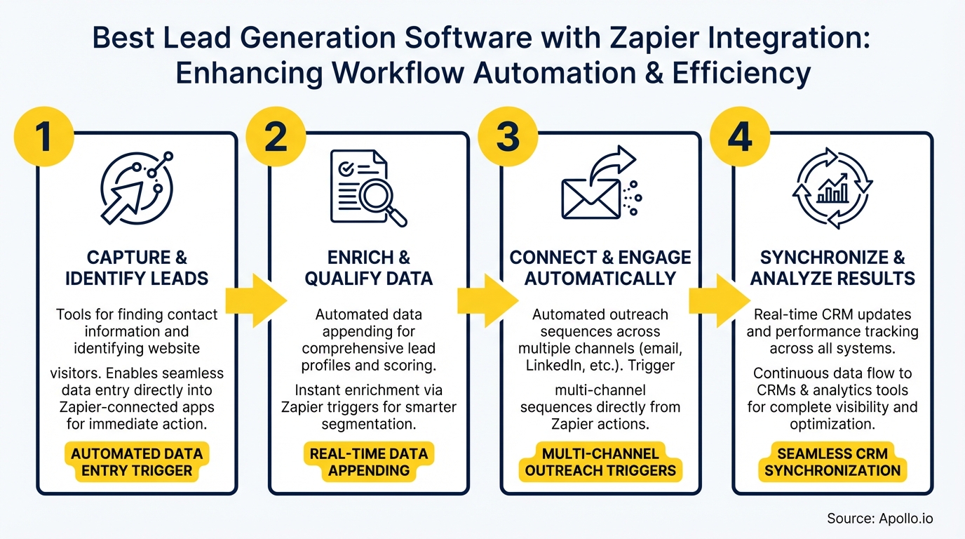 Lead generation workflow diagram detailing four steps: capture, enrich, engage, and analyze.