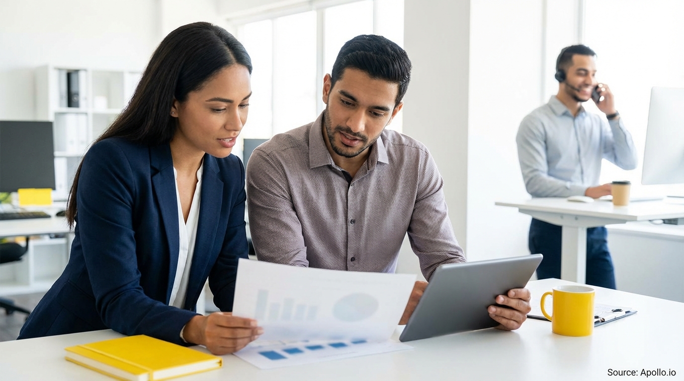 Two people reviewing charts on paper and a tablet, while a third talks on the phone in a modern office.