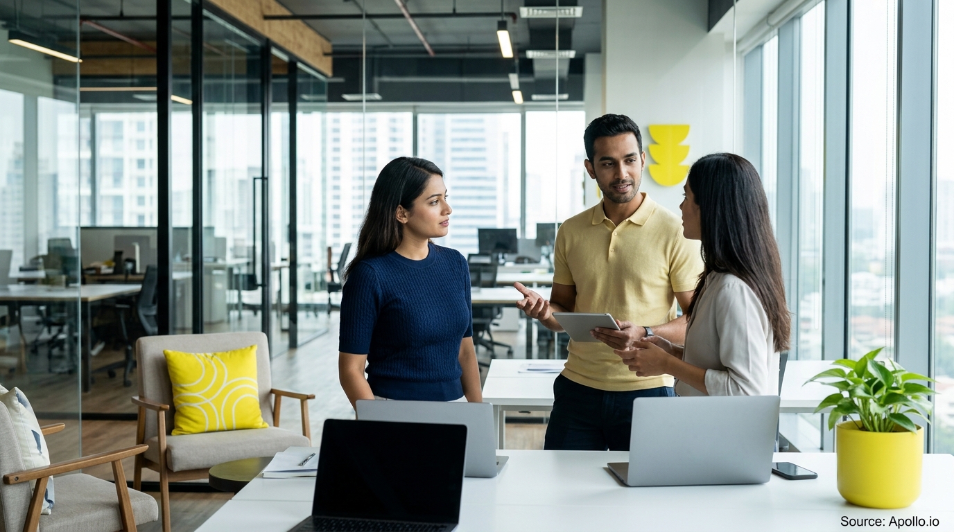 Three professionals collaborate in a bright, modern office while standing around a white table with laptops.