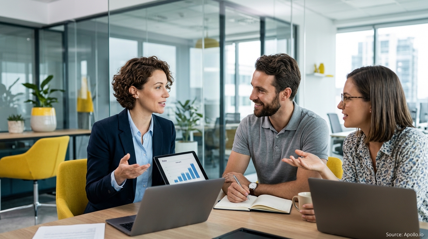 Three professionals discuss business data on a tablet and laptops while collaborating in a bright, modern office.