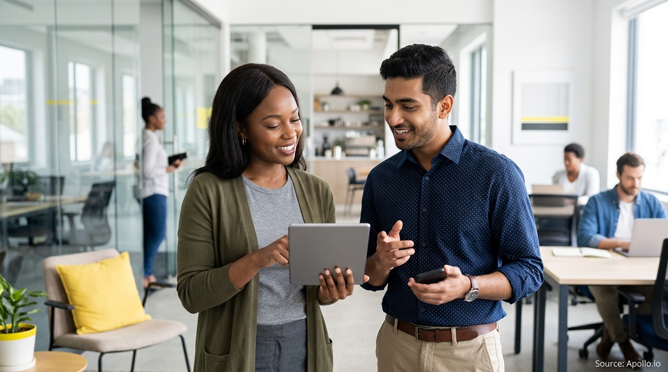 Two smiling professionals review data on a tablet in a bright, modern open-plan office.