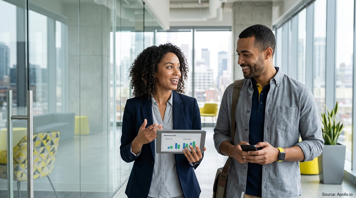 Two professionals discuss data on a tablet while walking through a bright, modern office.