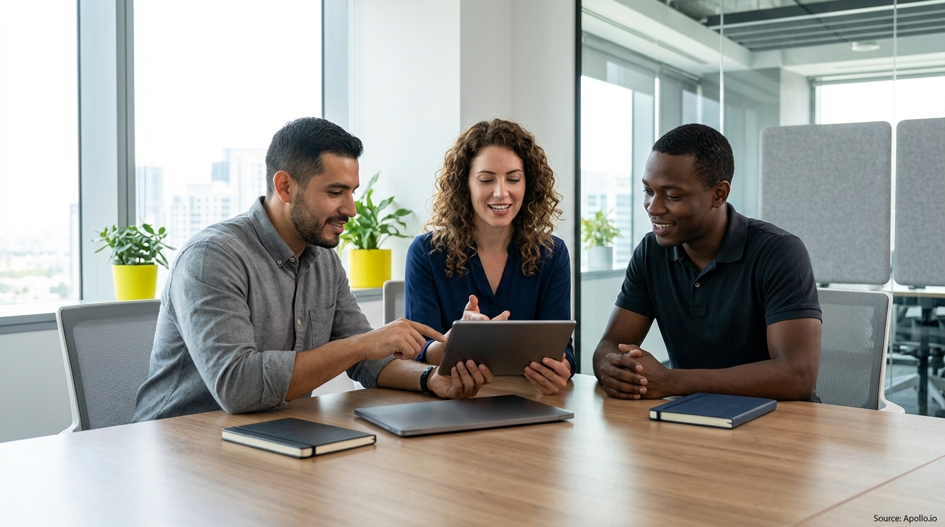 Three diverse professionals collaborate around a tablet at a wooden table in a bright, modern office.