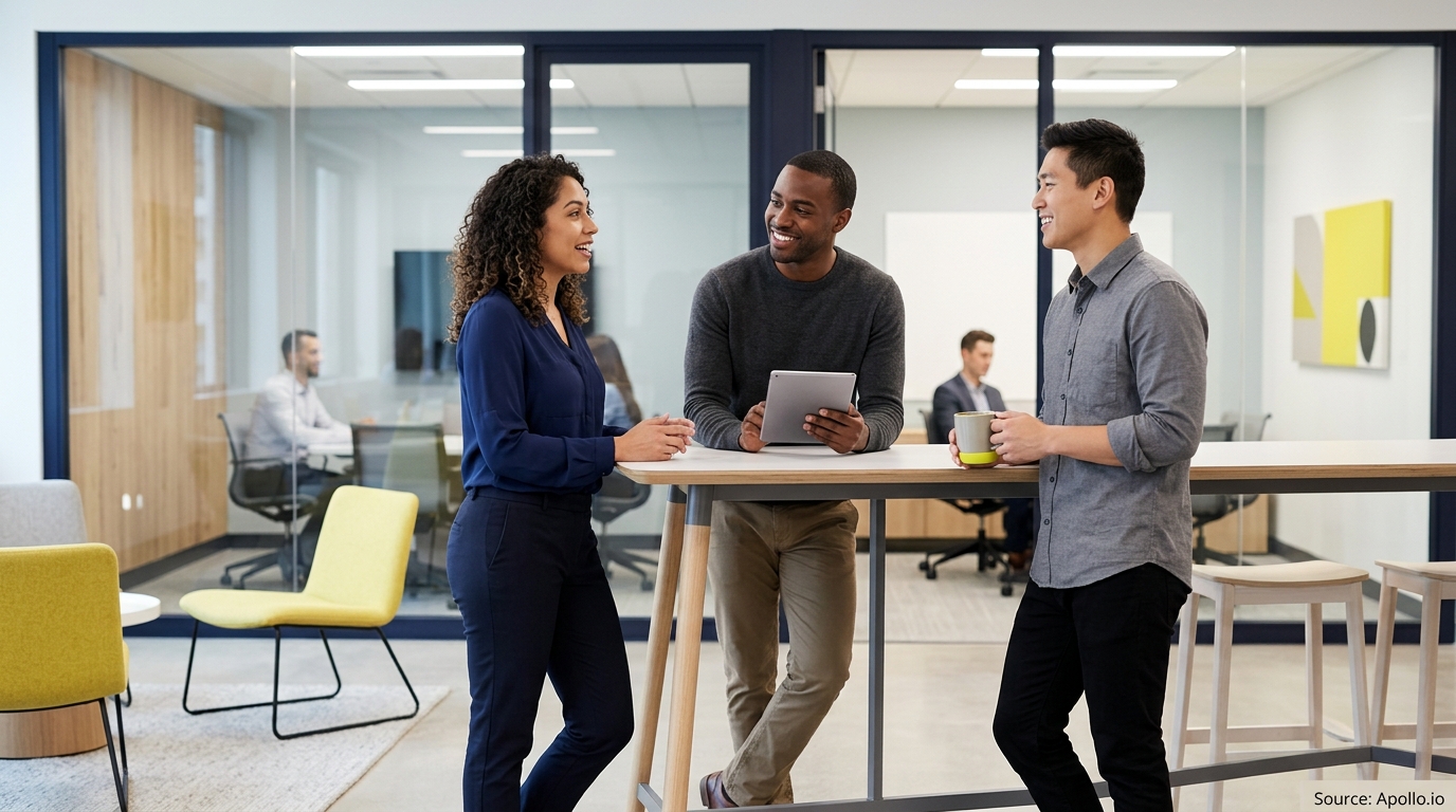 Three colleagues stand and talk around a high table in a bright, modern office with glass-walled rooms.