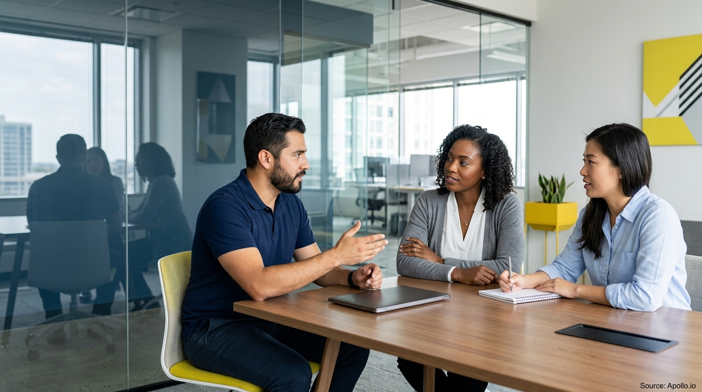 Three professionals collaborate around a wooden table in a modern office, discussing work and taking notes.