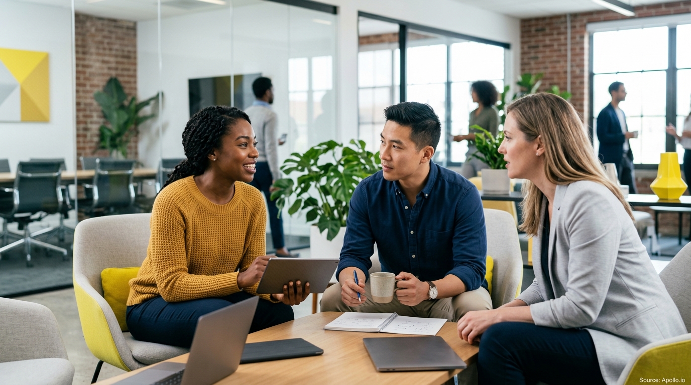 Three diverse professionals collaborate around a wooden table in a modern office using a tablet and notebook.