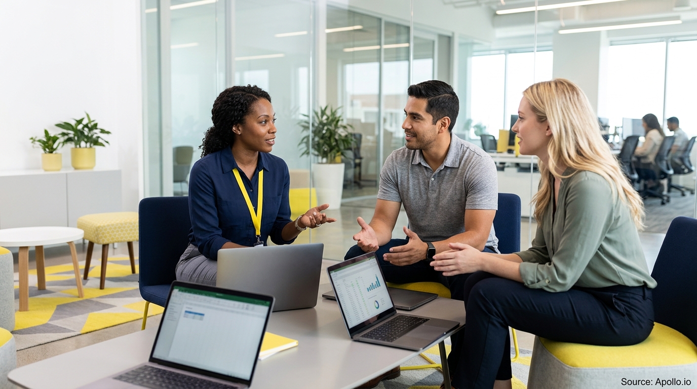 Three professionals discuss data on laptops during a collaborative meeting in a bright, modern office.