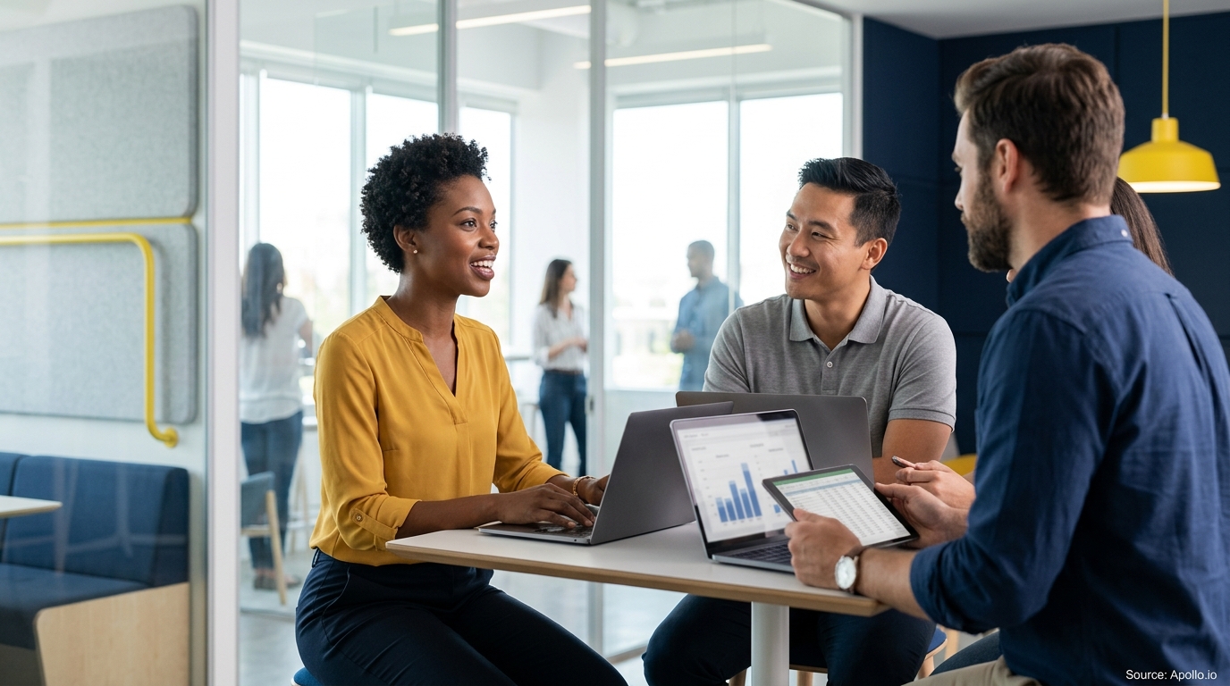 Three professionals collaborate using laptops and a tablet in a bright, modern office with glass walls.