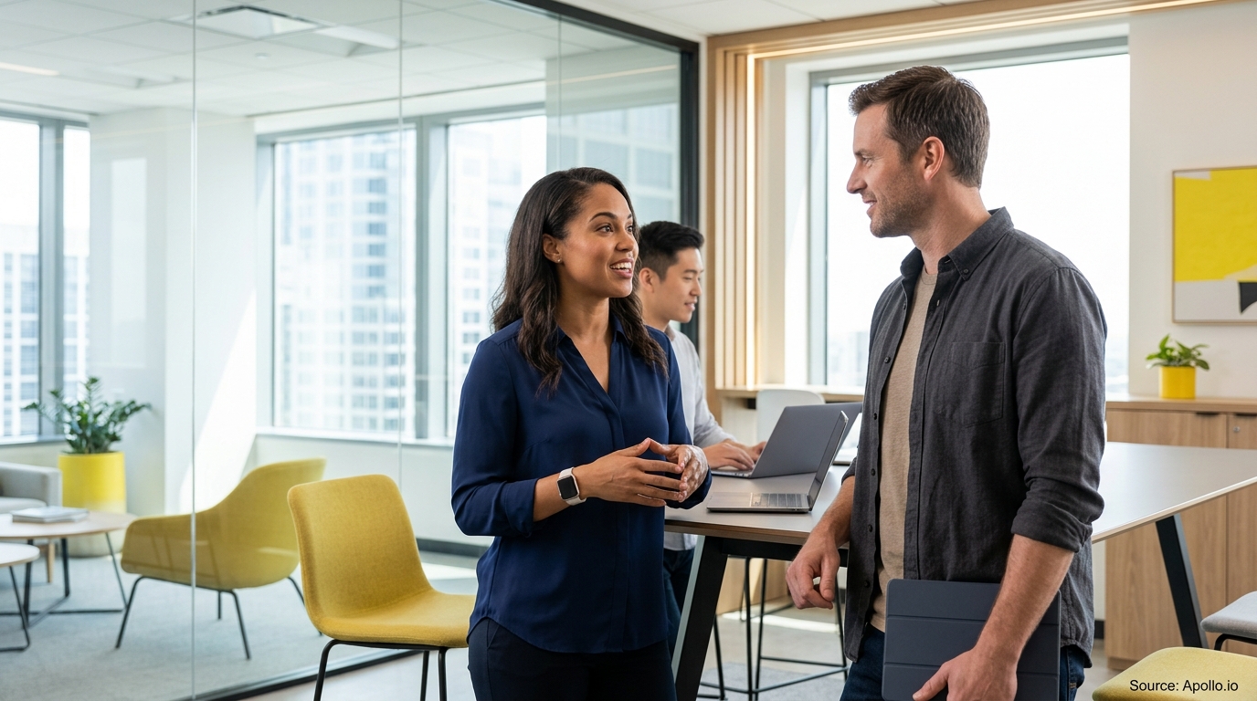 Three professionals collaborate in a bright, modern office with glass walls and contemporary furniture.