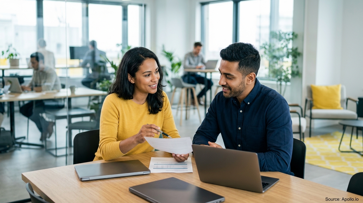 Two professionals review documents at a table in a modern office with three colleagues working in the background.