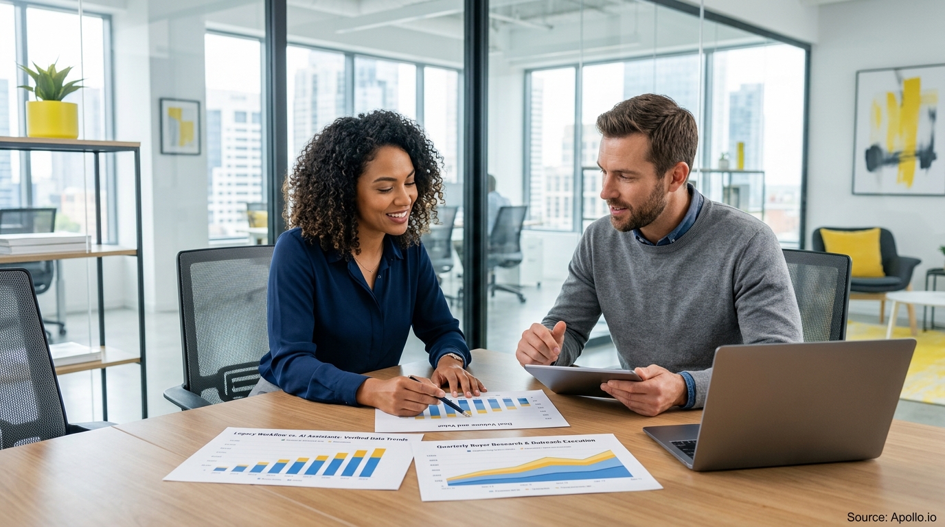 Two professionals review data charts and digital devices at a wooden table in a modern, sunlit office.