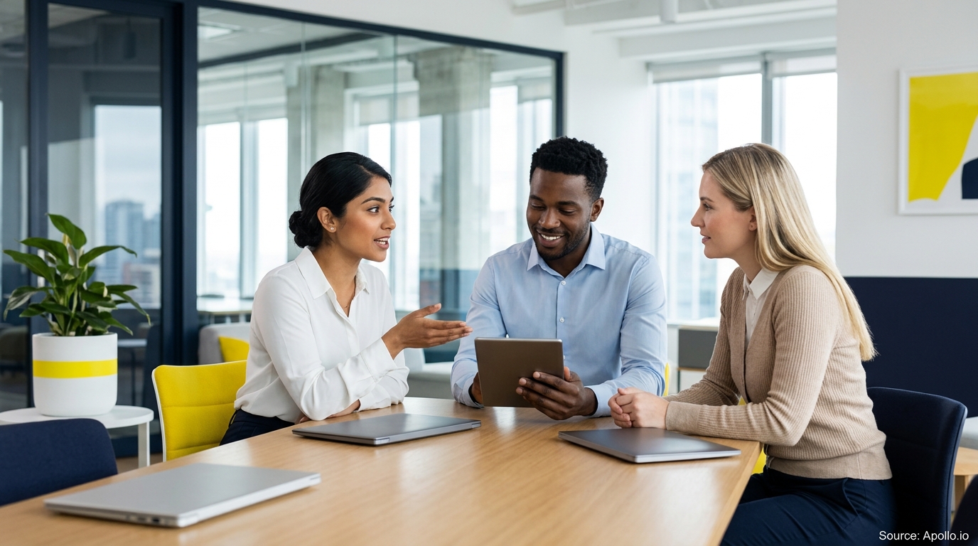 Three diverse professionals collaborate over a tablet and laptops at a conference table in a modern office.