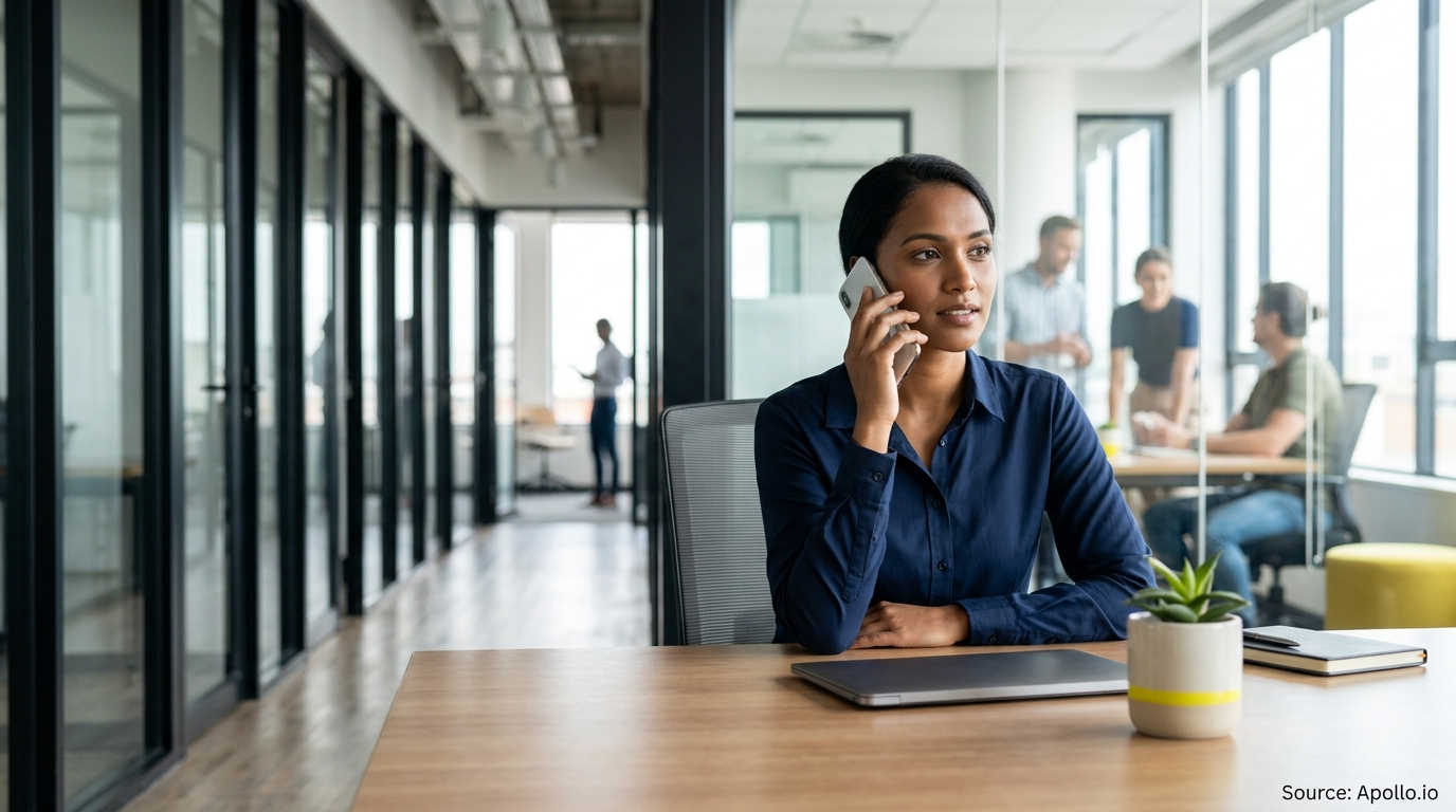 A woman talks on a phone at a desk with four colleagues in a bright, modern office.